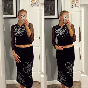 Y2K Black Silver Floral 2 Piece Skirt Set